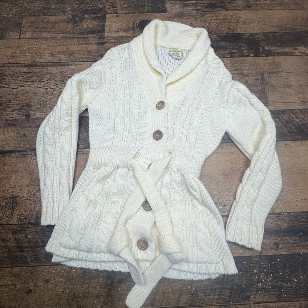Fashion Cardigan Women's Cream Cable Knit Belted Shawl Collar Acrylic M‎